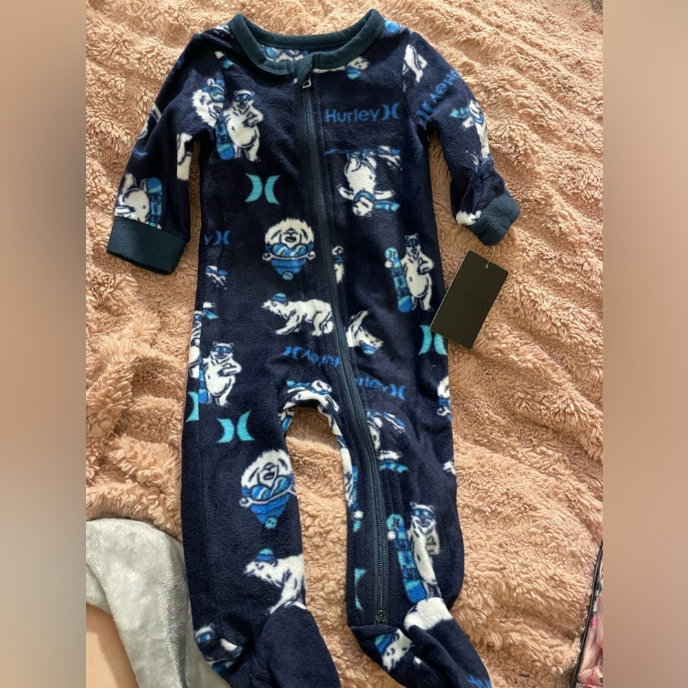 NWT Hurley Baby Boy Snow Bear Skiing Fleece Footies